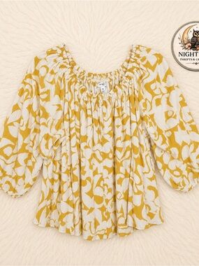 Whimsical smocked neckline blouse | Off Shoulder yellow white  | cottagecore